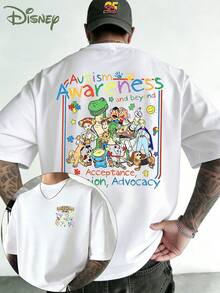 Disney Toy Story Autism-Themed T-Shirt, Toy Story Character Group Cartoon Print, Double-Sided Printed Design, Men's Summer Short-Sleeve Top, High-Quality 100% Cotton Short-Sleeve T-Shirt, Relaxed Summer Breathable Casual Short-Sleeve, Universal For Men And Women, Disneyland Travel Wear, Couple's Wear, Casual Everyday Wear, Street Wear, Vacation Wear, Campus Wear, Toy Story Enthusiast Model - trắng - Xem 1