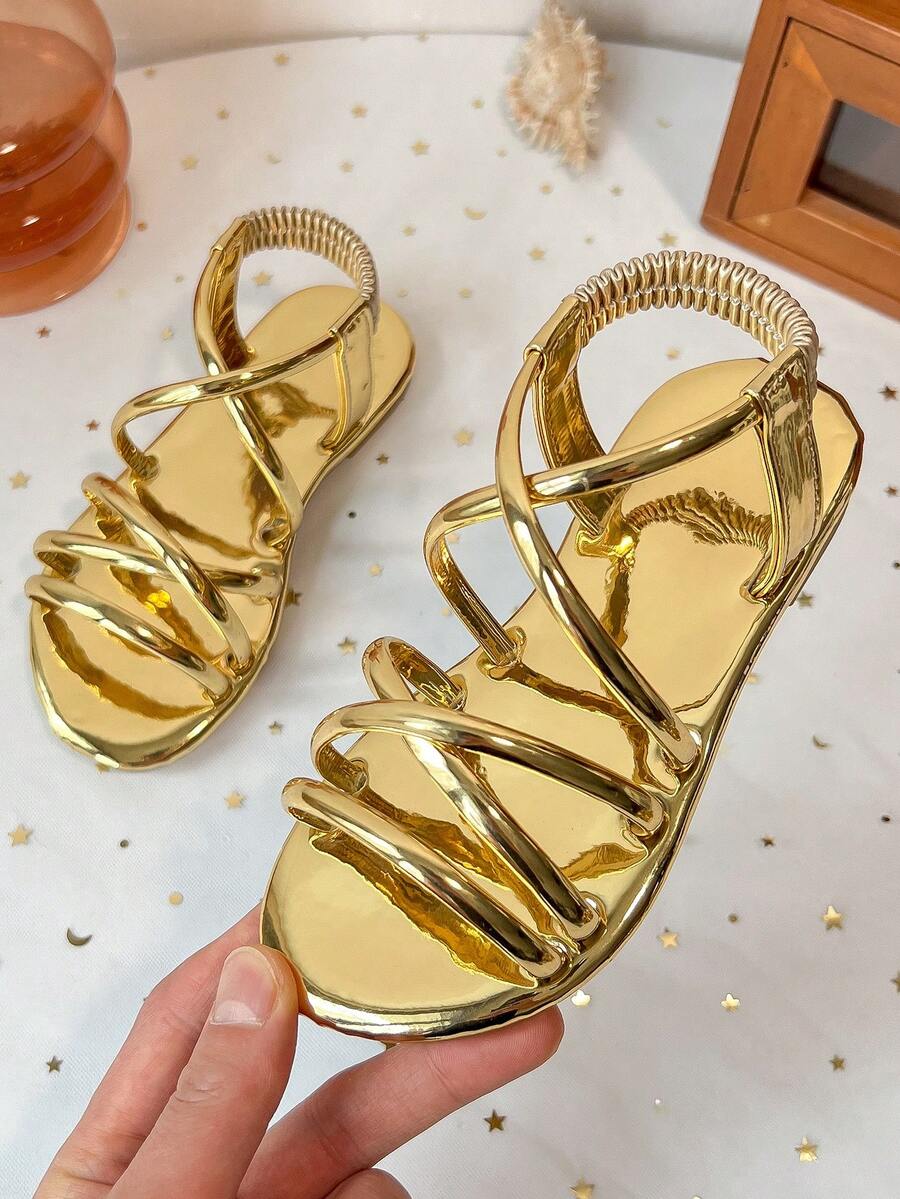 Giày sandal đế bằng quai ngang ánh kim cho trẻ em, quai ngang co giãn, hở mũi, giày casual mùa hè. - Vàng - Xem 1