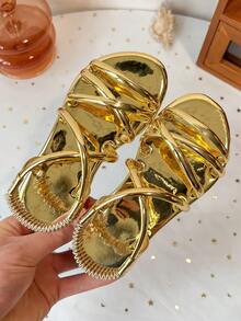 Giày sandal đế bằng quai ngang ánh kim cho trẻ em, quai ngang co giãn, hở mũi, giày casual mùa hè. - Vàng - Xem 2
