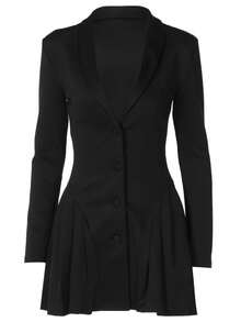 Vestido corto elegante con cuello de blazer y escote profundo color liso - Negro - View 4