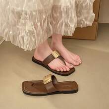 French Elegant Metal Square Buckle Flip Flops For Women, Flat Casual Commuting Holiday High-Quality Sandals For Summer - Brown - View 4