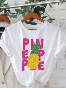 Camiseta con estampado de piñas, de manga corta y cuello redondo, ropa casual para mujer, adecuada para verano y primaveraverano mujer/Mujeres antes del Año Nuevo/ropa de playa/ontre mujer premium/Camiseta tropical de Carol pequeña - Blanco - Ver 7