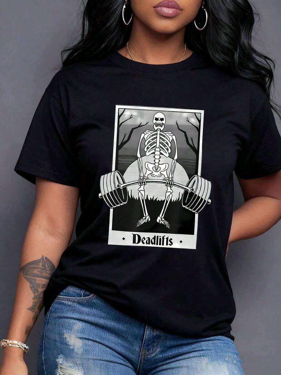 Women's T-Shirt With Graphic Print Of A Skeleton Lifting Weights, Fun Design For Workouts And Casual Occasions, Soft And Comfortable Fabric, Ideal For A Gift, Available In Various Sizes., Maija Women Curvy. - 黑色 - 查看 1
