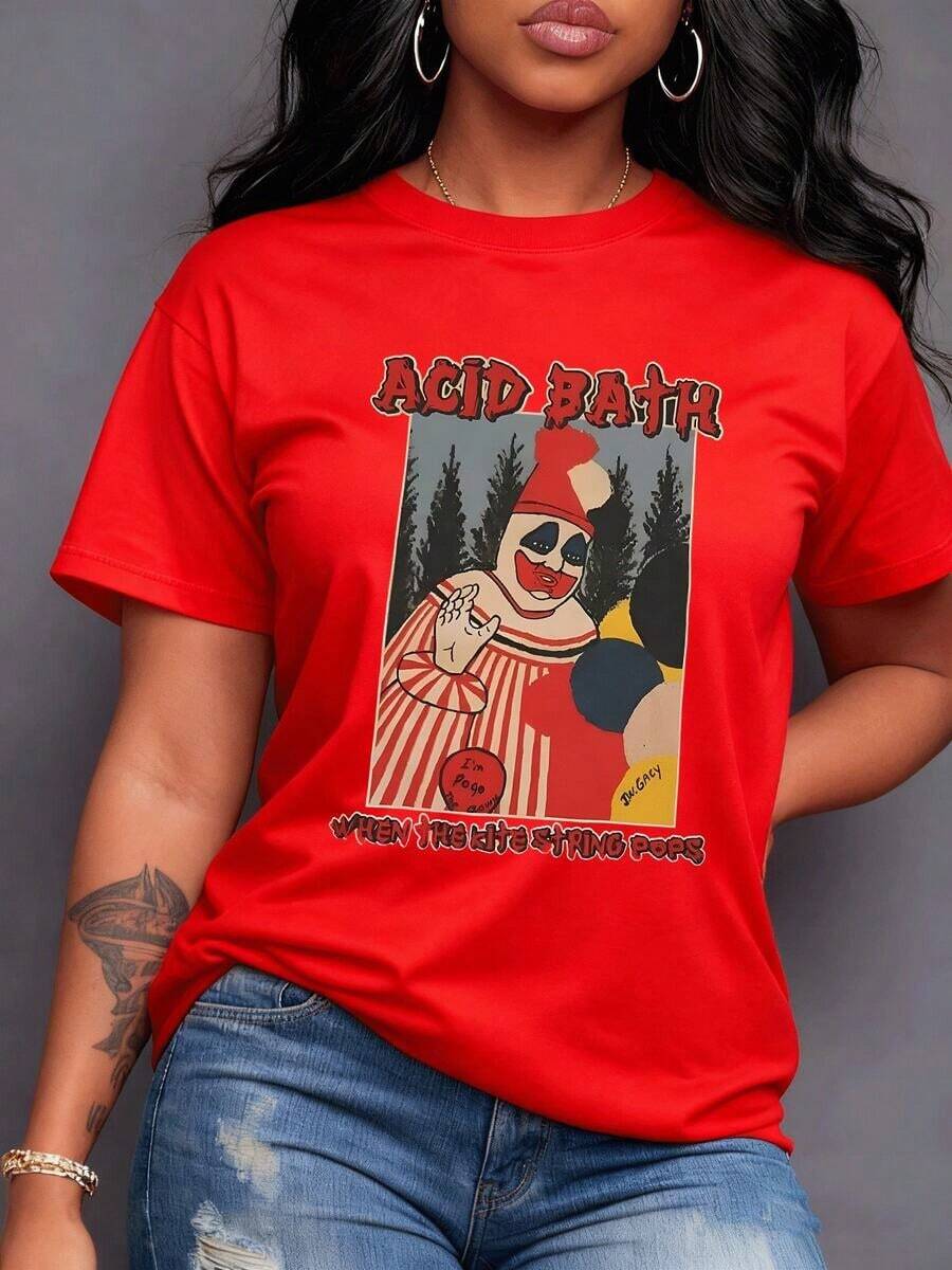Payaso carnavalesco maquillaje facial distintivo labios rojos círculos azules ojos traje a rayas verticales sombrero puntiagudo y globos flotantes prenda ideal para la cultura alternativa y música rock Camiseta de mujer 220g,maija mujer curvy. - Rojo - Ver 1