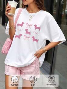 ropa de mujer Camiseta Casual de Cuello Redondo para Mujer con Estampado de Dachshund Rosa y Lazo, Atuendo Casual Divertido, Cómodo para Primavera y Verano, Camisetas para Damas, camisas de mujer - Blanco - Ver 6