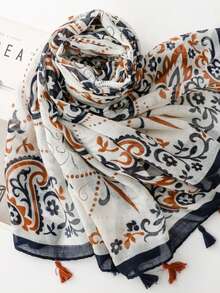 Bohemian Cashew Flower Print Tassel Scarf, Retro Paisley Pattern Shawl, Versatile Polyester Chiffon Scarf - White - View 4