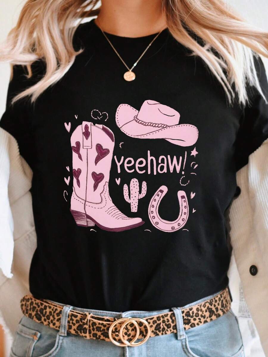 Camiseta gráfica para mujer con diseño de bota de vaquero y sombrero rosa, cuello redondo, mangas cortas, diseño "Yeehaw", jeans blancos y cinturón de vaquero.Ideal para primavera y verano, ropa casual de primavera.Camiseta con Diseño Divertido.Camisa con Tela Brillante.Camiseta Y2k - Negro - Ver 1
