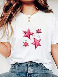Camiseta Casual para Mujer con Estampado de Estrellas Rosadas, Manga Corta, Cuello Redondo, Corte Regular, Bonita Camiseta de Poliéster SPHV - Blanco - Ver 2