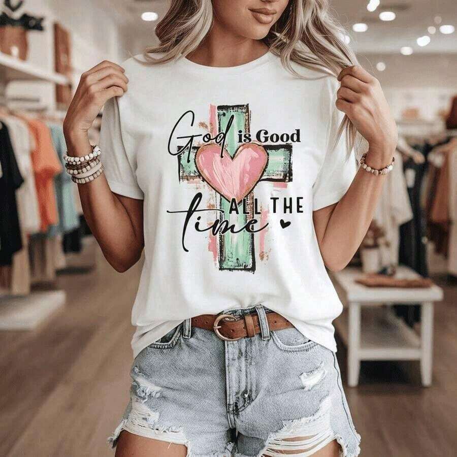 Women's Casual Short Sleeve Crew Neck T-Shirt With Heart And Cross Graphic Print, "God Is Good All The Time", White - 白色 - 查看 1