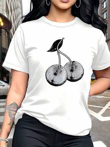Camiseta blanca ajustada para mujer con estampado de lazo patriótico y cerezas, estilo casual chic Camiseta casual de verano con gráfico patriótico, estilo chic y favorecedor para fiestas del 4 de julio - YH550 - Blanco - Ver 1