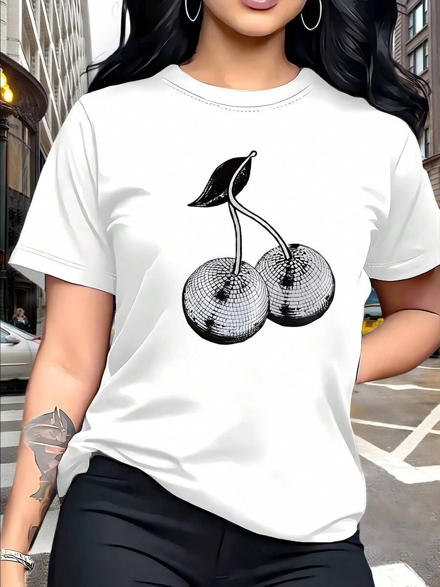 Camiseta blanca ajustada para mujer con estampado de lazo patriótico y cerezas, estilo casual chic Camiseta casual de verano con gráfico patriótico, estilo chic y favorecedor para fiestas del 4 de julio - YH550 - Blanco - Ver 1