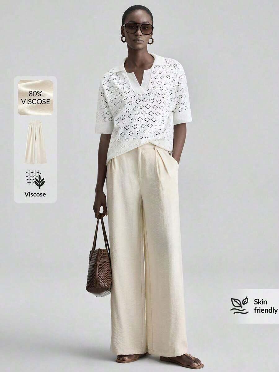 Pantalones de pierna ancha para mujer 2026SS, pantalones casuales y sueltos con cintura plisada, adecuados para estilo bohemio, Ibiza, vacaciones, festivales, invitados de boda, oficina, maestros, vuelta al colegio, con bolsillos, ajuste relajado, elegante estilo urbano chic, pantalones versátiles para primavera/verano - Caqui 2 - Ver 1