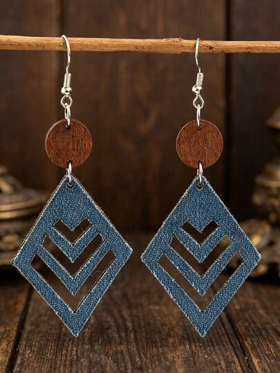 1 Pair Bohemian Style Denim Blue Hollow Diamond Wooden Slice Double-Layer Earrings, Western Cowgirl Fashion Earrings For Women