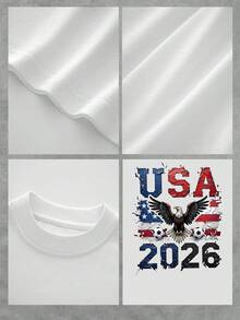 Águila majestuosa extendiendo las alas sobre banderas de Estados Unidos con balones de fútbol y el número 2026 simbolizando fuerza libertad y pasión deportiva camiseta de mujer 100% algodón cómoda y moderna para fans del fútbol y alma patriótica - Blanco - Ver 4