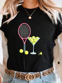 Women's Tennis Themed Printed T-Shirt - Casual Short Sleeve Crew Neck Top With Vibrant Racket, Ball And Martini Designs, Machine Washable, Suitable For Spring And Summer, Comfortable Style, Fun Sporty Look, Printed T-Shirt, Pure Cotton Women's T-Shirt. - 黑色 - 查看 7