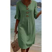 Women's Cotton Linen V-Neck Dress, Button Front Ruffle Sleeve Dress, Casual Summer Outfit - 白色 - 查看 9