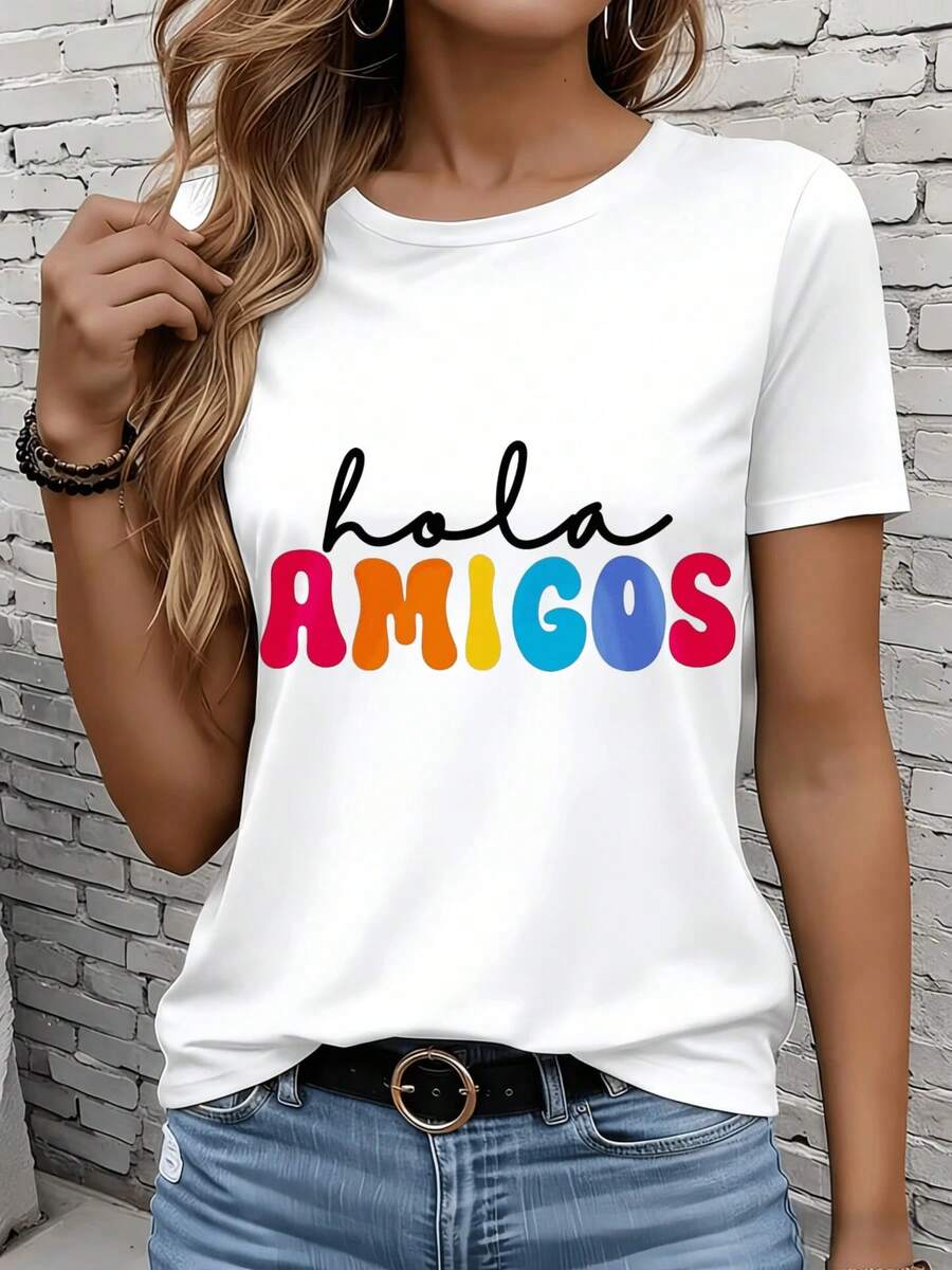 Women's Short-Sleeved T-Shirts In Black And White Are Suitable For Everyday Wear, Lounging At Home, And Outdoor Activities. Hello Friends, Women's Colorful Rainbow Graphic T-Shirt, Casual Summer Top, Fashionable Shirt, Gift For Parties And Holidays. - 白色 - 查看 1