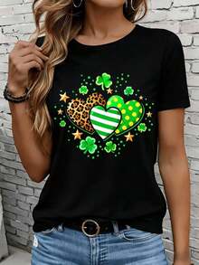 Camisetas de manga corta para mujer en blanco y negro son adecuadas para el ocio diario, el hogar y los viajes al aire libre. Camiseta de mujer con diseño de corazón y trébol para el Día de San Patricio, con diseño de shamrock para celebraciones festivas, regalo para fiestas. - Negro - Ver 7