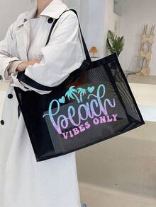2pcs Large Capacity Mesh Bag Set, Gradient Shiny Beach Palm Tree Print Mesh Bag, Mesh Beach Tote Bag, Mesh Cosmetic Storage Bag, Foldable Waterproof Beach Bag, Letter Decor Mesh Beach Shoulder Bag, Women's Personalized Gift Bag, Makeup Bag, Summer - Black - View 3