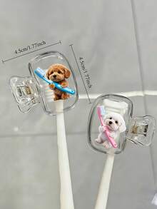 Cute 2 Teddy Dogs Holding Hands Toothbrush Pattern Portable Toothbrush Head Cover Storage Box Toothbrush Protective Cap Holder, Essential Bathroom Accessory For Home, Business Travel, Daily Use, Outdoor Outings, Back To School Gift - Multicolor - View 9