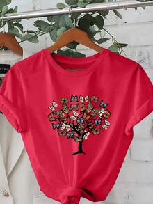 Camiseta de Moda con Estampado y Cuello Redondo de Manga Corta, Talla Grande, Ropa de Mujer, Prendas Femeninas - Rojo - Ver 1