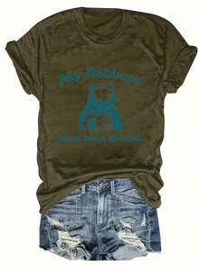 Camiseta Casual de Talla Grande para Mujer con Estampado de Letras "My Flabbers Have Been Gasted" de Mapache, Cuello Redondo, Tela Ligeramente Elástica, Colección Otoño/Invierno, Camiseta de Mapache - Aceituna - Ver 1