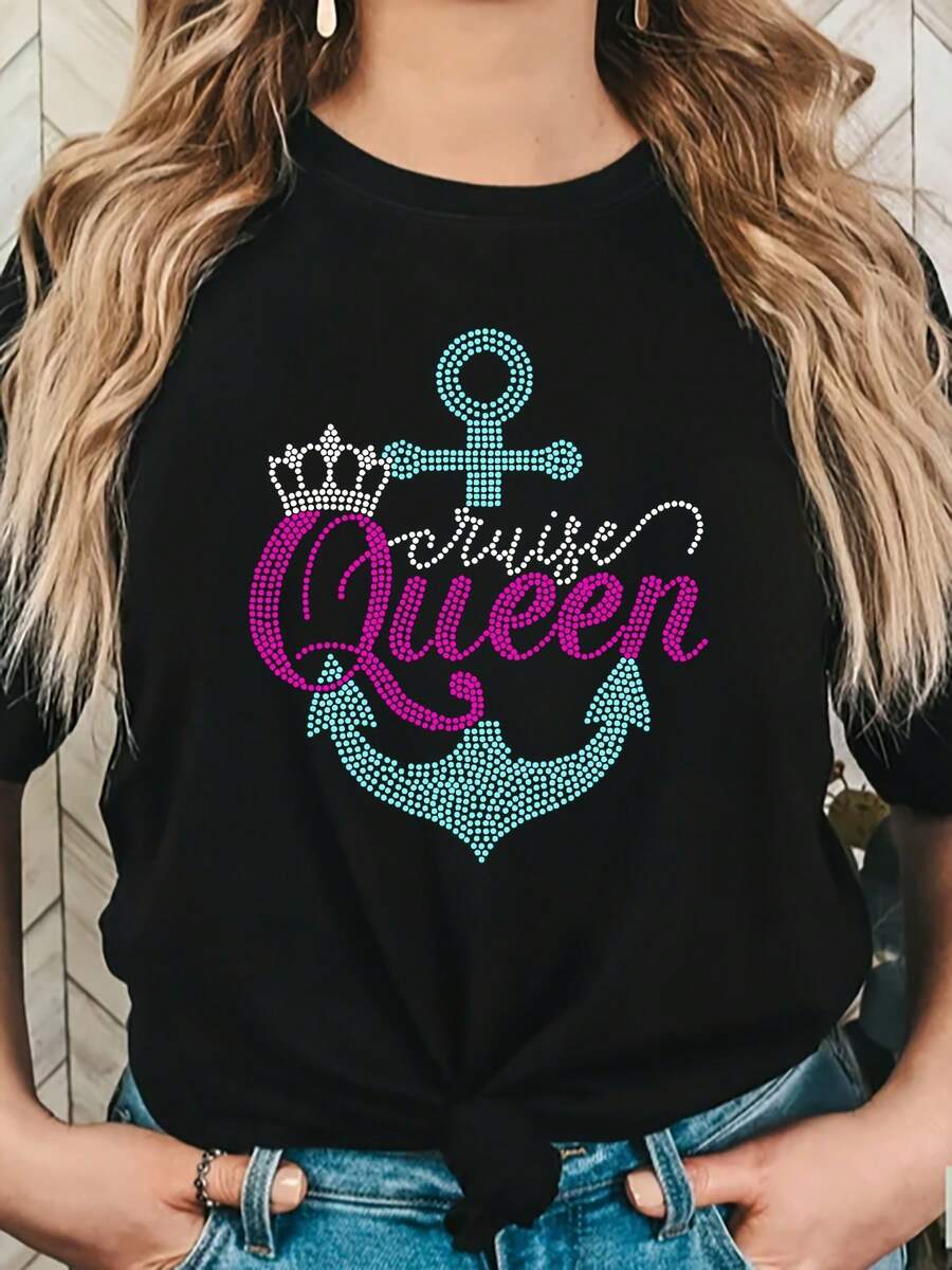 Elegant Plus Size T-Shirt With 'Queen' Letter Print - Casual Crew Neck, Short Sleeve For Women, Machine Washable - 黑色 - 查看 1