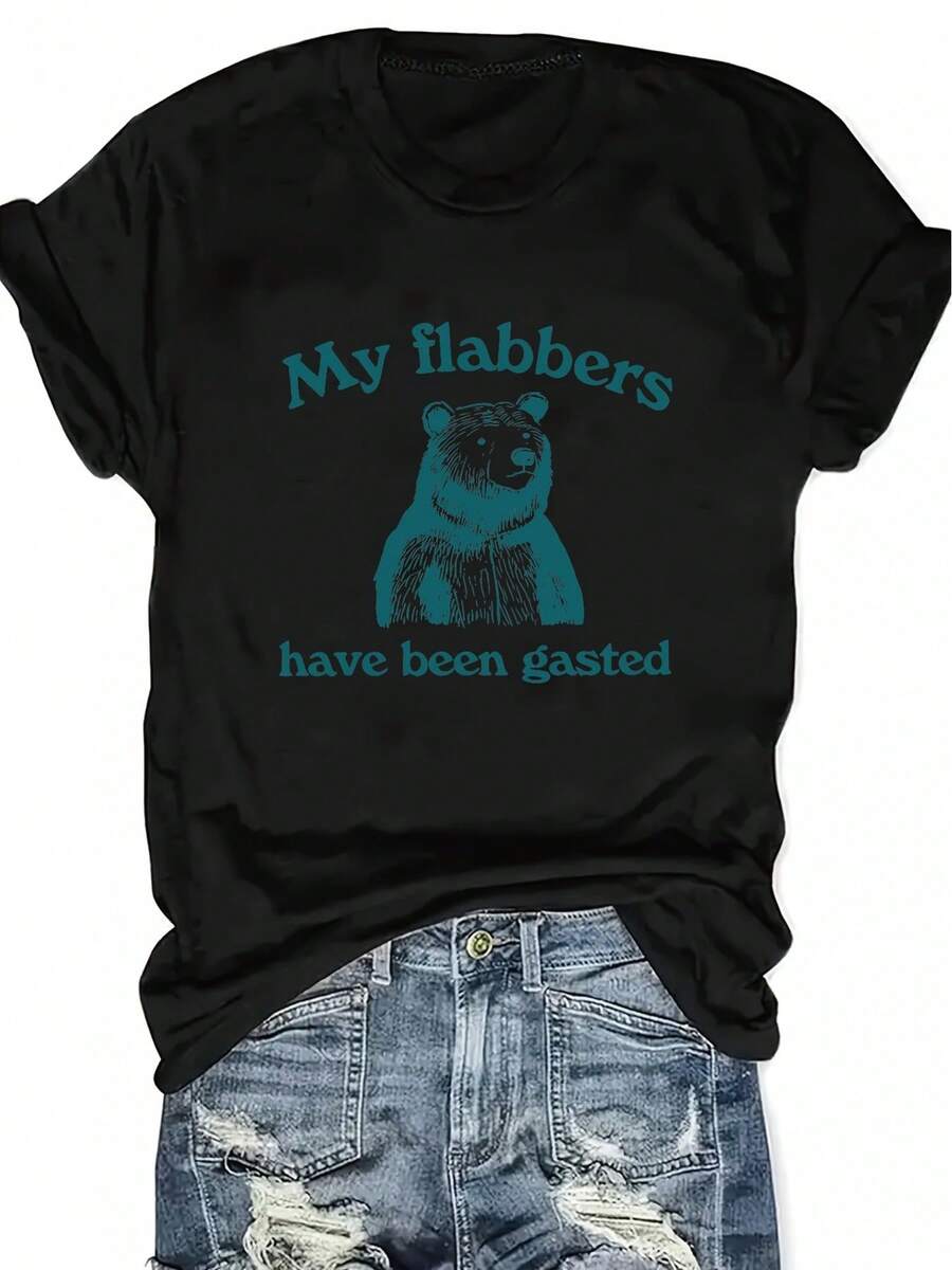 Women's Plus Size Casual T-Shirt With "My Flabbers Have Been Gasted" Raccoon Letter Print, Crew Neck, Slightly Stretchy Fabric, Autumn/Winter Collection, Raccoon T-Shirt - 黑色 - 查看 1