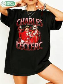Charles Formulaaa 1 Driver Fan Art Vintage Bootleg Graphic Print T-Shirt, Monaco GP 2024 Championship Celebration Collage With Multiple Racing Suit Portraits, CHARLES Red Gradient Text, Retro 90s H. - Black - View 6