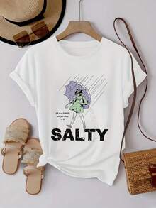 Casual Women's White Short Sleeve Round Neck T Shirt With Salty Graphic Print Drop Shoulder Knitted Fabric Tee Top - 白色 - 查看 4