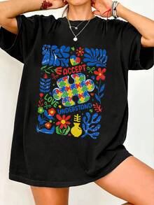 Camiseta de moda femenina de verano de manga corta camiseta de moda casual al aire libre 'letras y rompecabezas' camisa casual femenina con estampado relajado - Negro - Ver 2