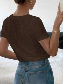 Camiseta de manga corta de unicolor casual para mujer, verano - Café integral - Ver 2