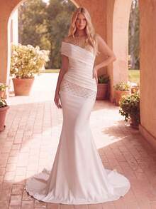 Faeriesty Elegant White Mermaid Evening Gown, With Beaded Mesh Sleeves And Embellished Waistline, Formal Fishtail Dress Suitable For Galas, Red Carpet Events, And Formal Weddings - White - View 3