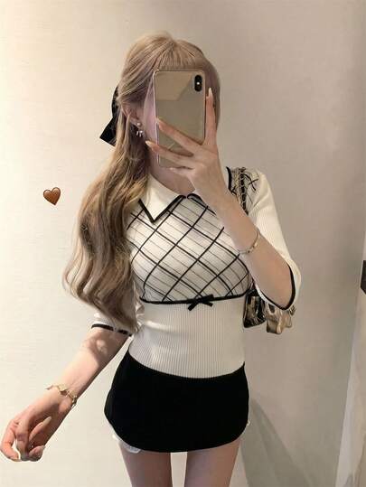 Áo dệt kim họa tiết kim cương phong cách Hàn Quốc mùa hè dành cho nữ, kiểu dáng ngọt ngào dễ thương, áo len tay lỡ ôm sát cổ có nơ, màu đen trắng, thích hợp cho hẹn hò, các cô gái ngọt ngào, mùa xuân/hè.