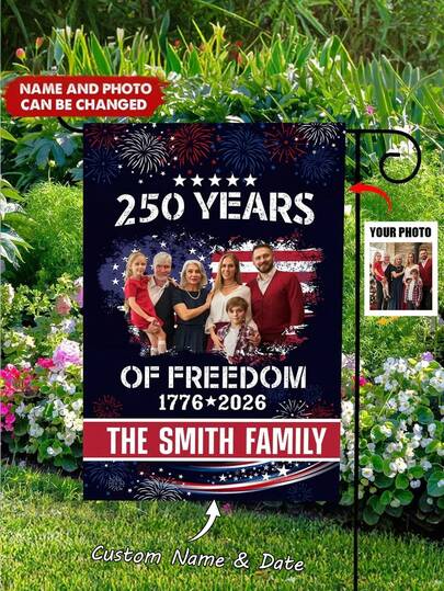 1pc Customizable Family Photo & Surname American Independence Day Memorial Garden Flag, Anniversary Freedom Theme Patriotic Linen Double-Sided Decorative Flag, Suitable For Outdoor Garden Yard Porch Farmhouse, Home Decor Flag, Flag Pole Not Included