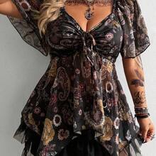 Whyspr Plus Size Square Collar Cinched Waist Asymmetric Hem Blouse - Multicolor - Ver 9