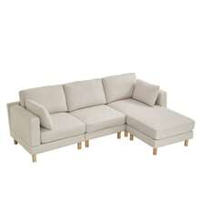 Nordic 3-Seater Corner Sofa With Ottoman 235*152*78 Cm – L-Shaped Sofa In Beige Made Of Polyester & Solid Wood Legs For The Modern Living Room - Beige - View 10