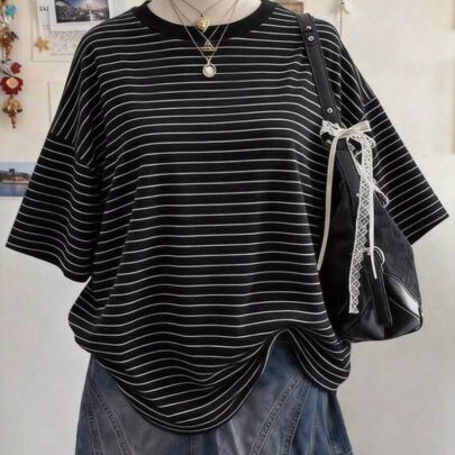 Striped Digital Print Casual Plus Size Women Long Round Neck Drop Shoulder T-Shirt, Gift For Friends - Multicolor - Ver 1