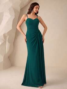 UNITHORSE Vestido de dama de honor de un solo color con abertura alta y tirantes de espagueti para boda - Verde Oscuro - Ver 3