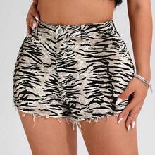 ICON Plus Size Women's Fashion Tiger Stripe Washed Frayed Hem Denim Shorts - Multicolor - Ver 5