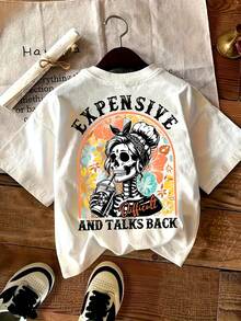 Women's Double Print T-Shirt, Front: Halloween Pumpkin With Bats, Back: Female Skeleton With The Phrase 'Expensive, Difficult, And Talks Back', Colorful And Attitudinal Graphic Design T-Shirt, Casual Women's Top With Urban And Rebellious Style - 白色 - 查看 3
