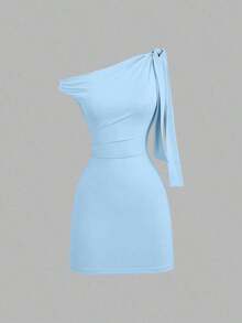 Sweetro Vestido ajustado sexy con volantes en el hombro oblicuo, que ciñe la cintura, estilo francés chic, minifalda ajustado - Azul - Ver 7