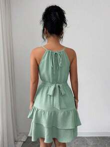 Vestido mini ajustado y acampanado sin mangas, elegante, de color caqui, con lazo de cuentas para mujer, para primavera/verano - Verde - Ver 2