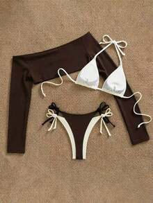 Conjunto de 3 piezas de traje de baño negro y blanco para mujer, conjunto de traje de baño casual y sexy de 3 piezas para resort de playa, conjunto de traje de baño de 3 piezas para mujer, Bottom de traje de baño para mujer, conjunto de playa negro y blanco para mujer - Marrón - Ver 3