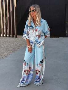 2 piezas Conjunto casual y de fiesta para mujer, que incluye camisa con cuello y decoración de botones y pantalones de pierna ancha para verano - Celeste - Ver 6