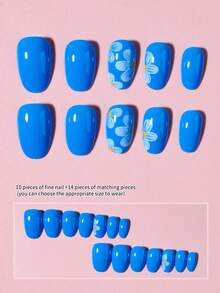 24pcs Oval Blue Nail Stickers With White Floral Pattern, Minimalist Versatile Design, Short Length For Perfect Fit, Includes 1 Nail File And 1 Glue Tube, Suitable For Women's Daily Work, Study And Parties, Spring/Summer - Multicolor - View 2