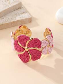 1pc Raffia Flower Open Bangle Bracelet, Contrasting Metal Flower Holder, Niche Accessory, Suitable For Beach Vacation, Summer Party, Gathering With Friends, Daily Wear, Vacation Style / Energetic Style / Retro Style - Plum Red - View 9
