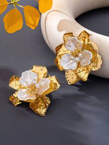 1 Pair Summer Bohemian Style Multi-Layer Metal 3D Floral Earrings, Fashionable High-Quality Elegant Earrings For Women, Suitable For Daily, Party, Holiday Gift - Yellow Gold - View 3