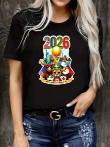 Camiseta de la Copa Mundial 2026 con Estampados de Lugares y Banderas de Norteamérica, 100% Algodón Puro, Cuello Redondo, Manga Corta, para Mujer - Negro - Ver 10