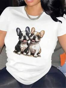 OversizeCamiseta ajustada con estampado de Bulldog Francés |   Duradero, de ajuste cómodo, estilo casual, adecuado para uso diario, ligero y transpirable, un regalo perfecto para amantes de los perros, cuello redondo, tela de elasticidad media, encantador. - Blanco - Ver 1